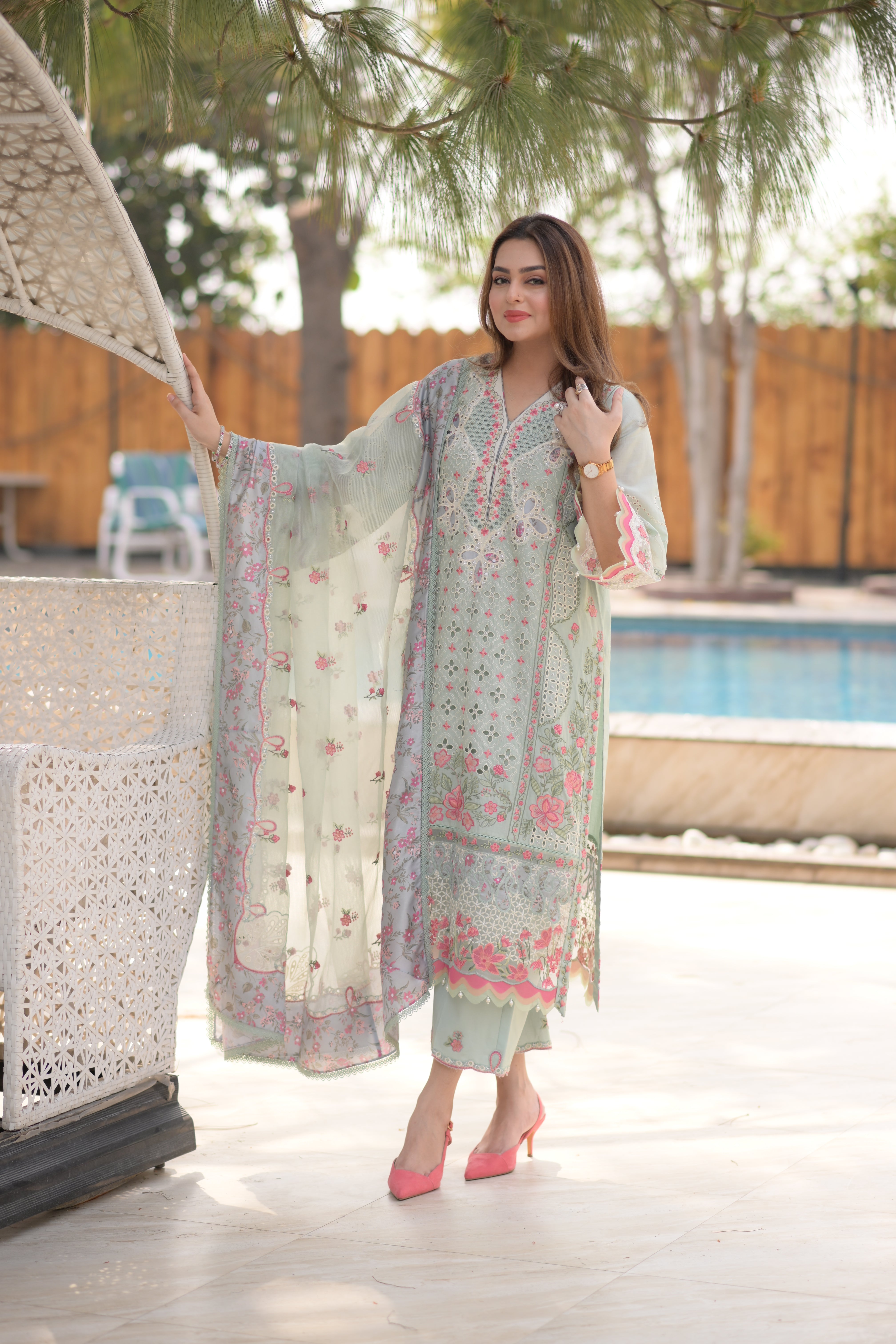 Rs 18000 Aneelas Stitched Luxury Lawn Emb 3pc [LUX-26-18] [Dispatch Time 2 Months]