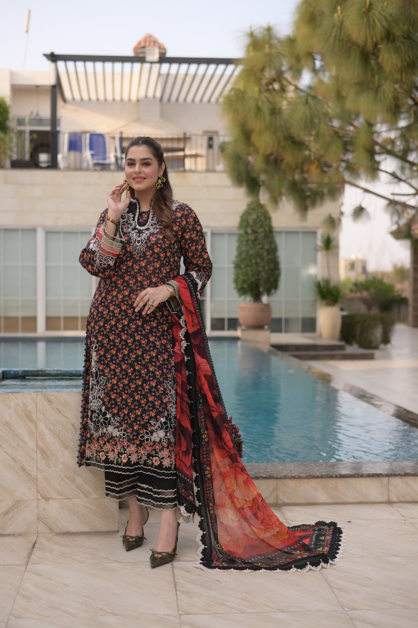 Rs 13000 Aneelas Stitched Lawn Emb Print Chiffon Duppata 3pc [SPR-26-22] [Dispatch Time 2 Month]