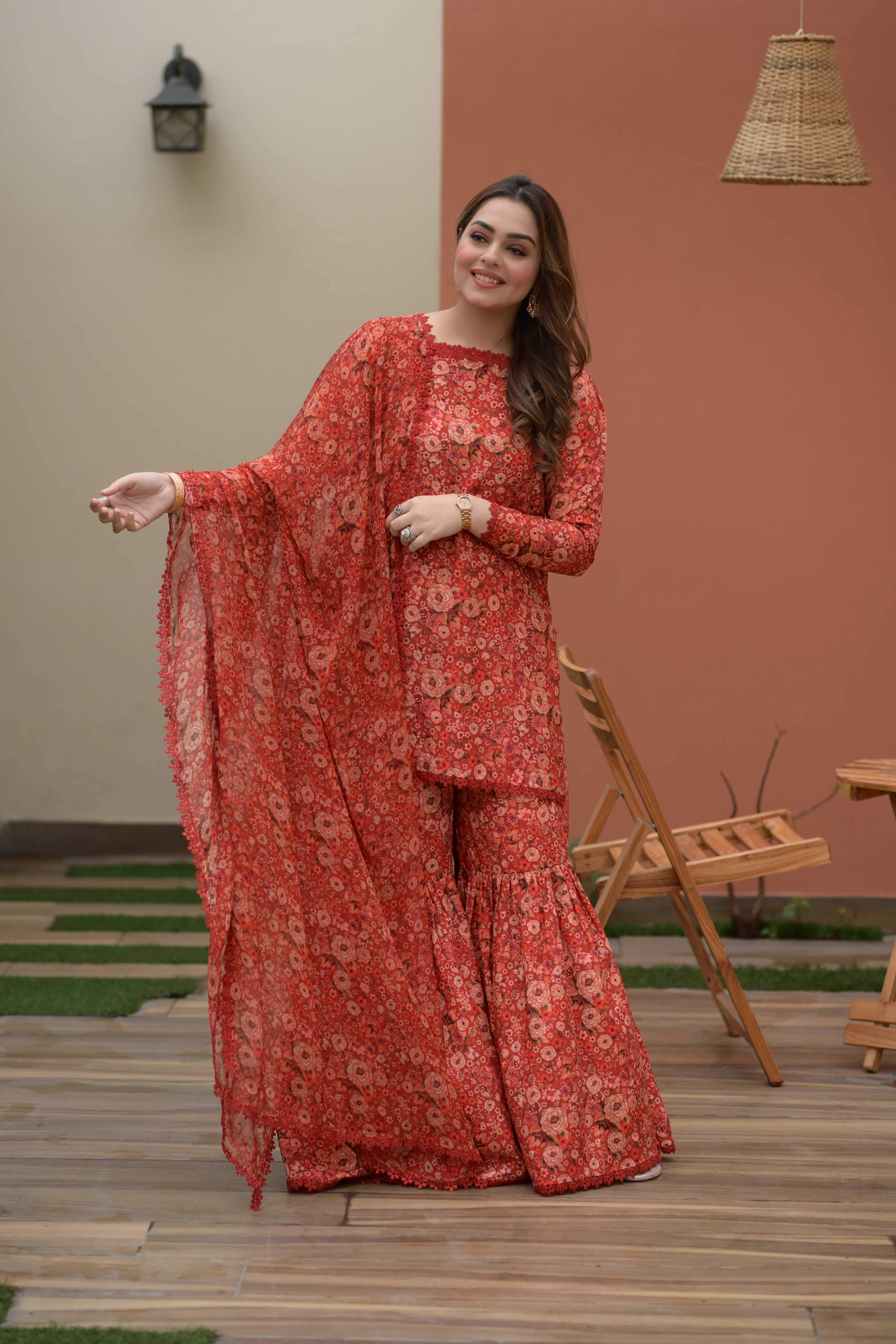 Rs 9800 Aneelas Stitched Printed Lawn Shirt Gharara With Chiffon Printed Duppata 3pc [SPR-26-23-B] [Dispatch Time 2 Months]