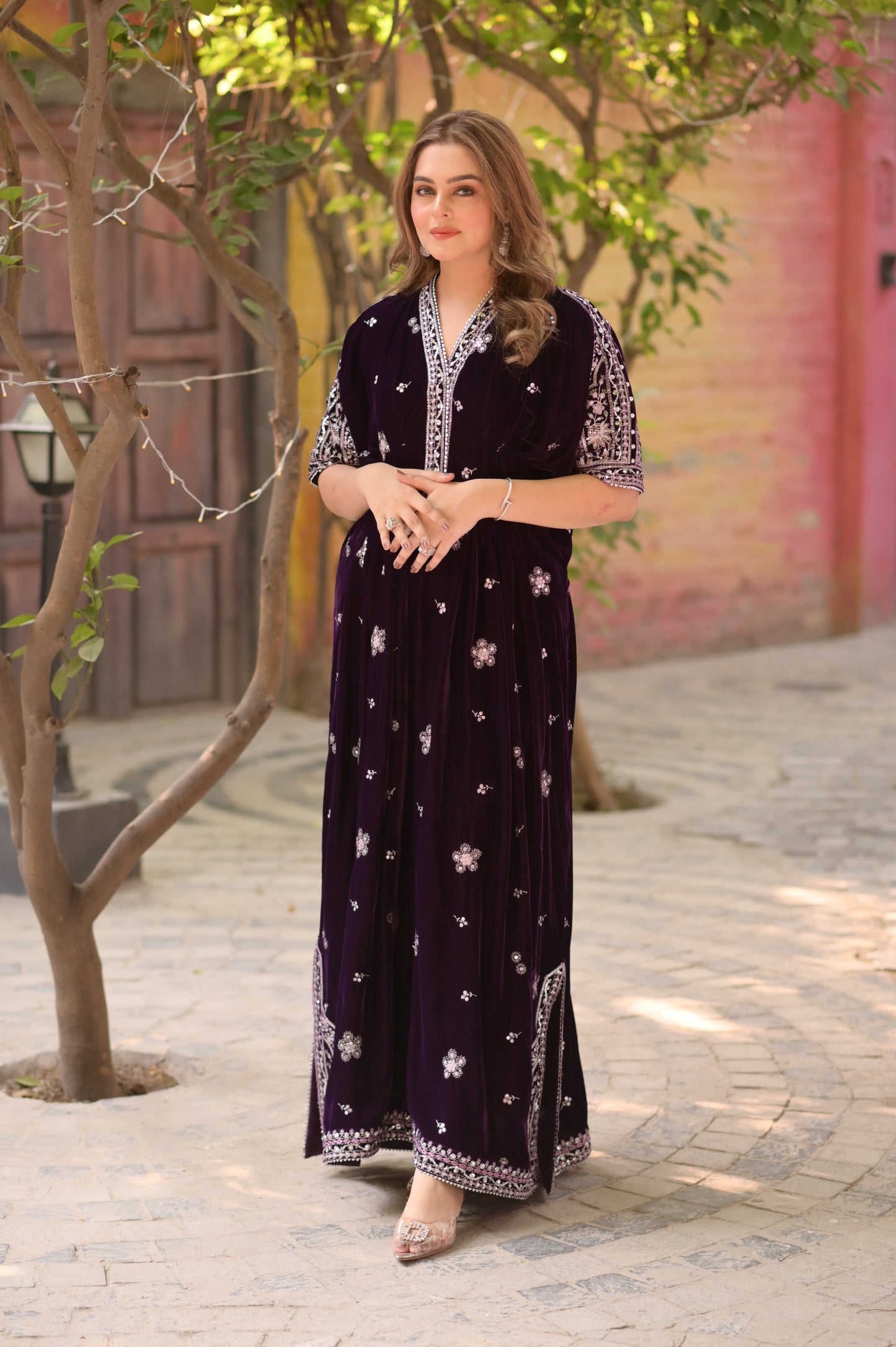 Rs 15500 Aneelas Stitched Velvet Kaftan Raw Silk Trouser 2pc [VT-08] [Dispatch Time 2 Months]