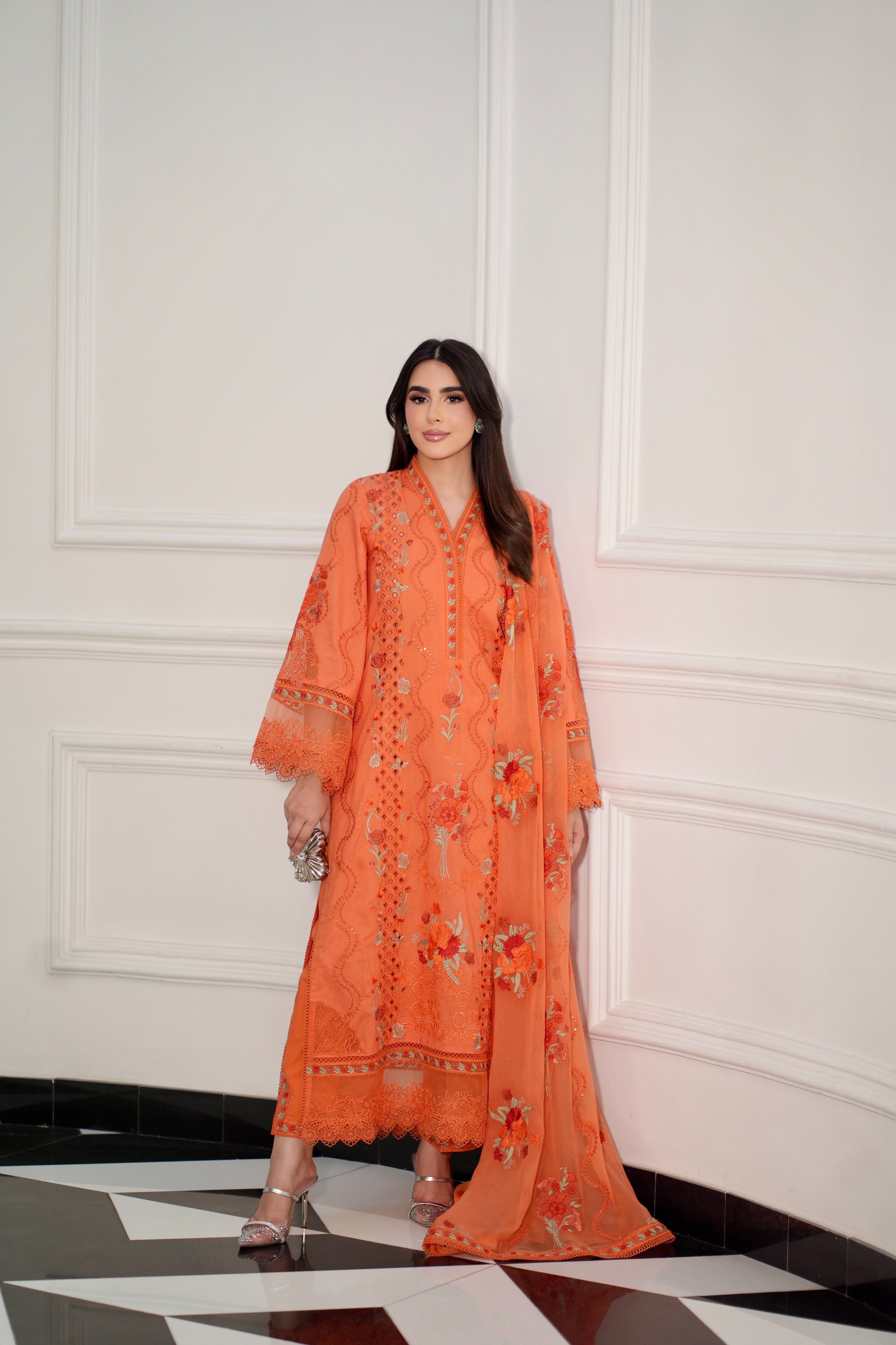 Rs 18500 Aneelas Stitched Luxury Emb Lawn 3pc With Emb Chiffon Duppata [LUX--26-89][Dispatch Time 2 Months]