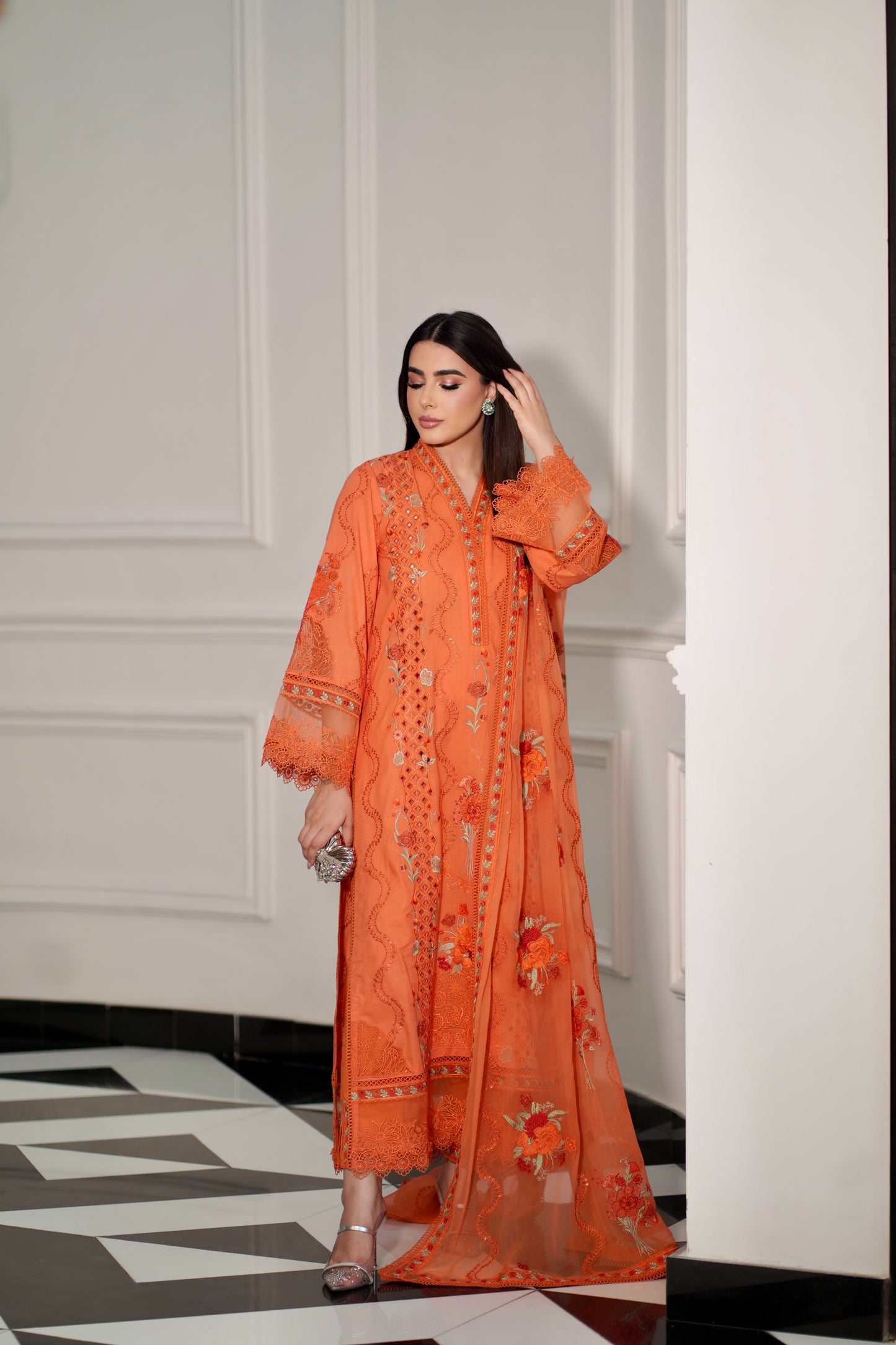 Rs 18500 Aneelas Stitched Luxury Emb Lawn 3pc With Emb Chiffon Duppata [LUX--26-89][Dispatch Time 2 Months]