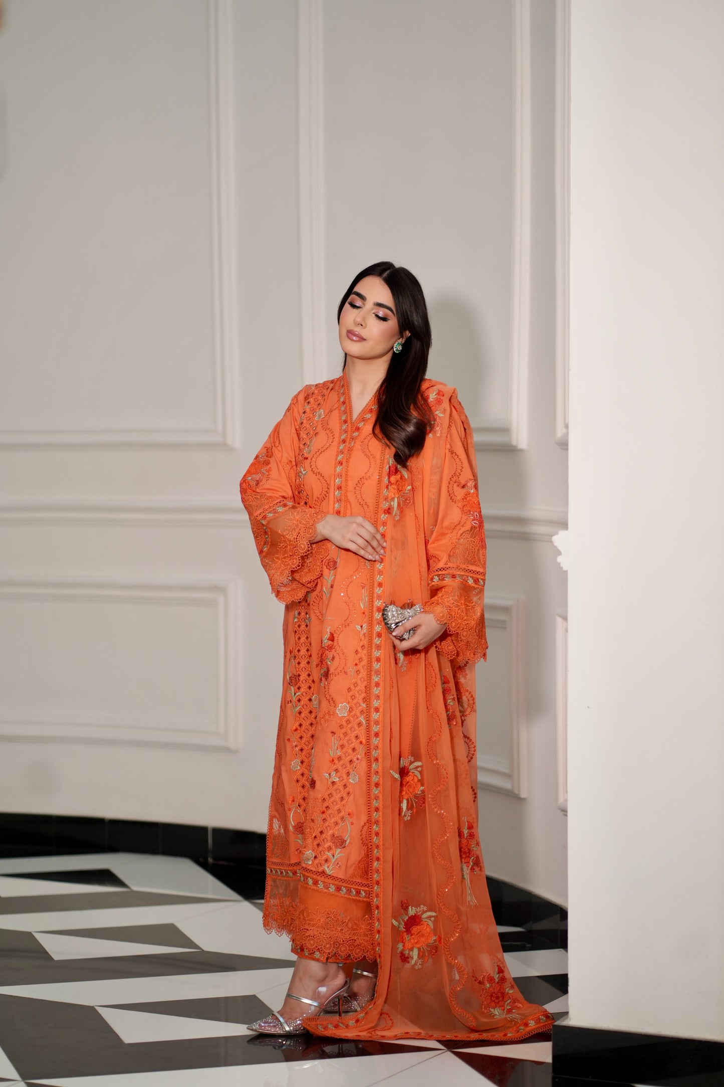 Rs 18500 Aneelas Stitched Luxury Emb Lawn 3pc With Emb Chiffon Duppata [LUX--26-89][Dispatch Time 2 Months]
