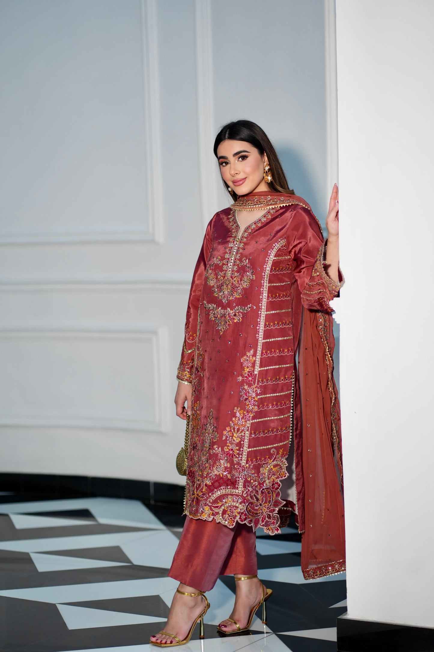 Rs 16500 Aneelas Stitched Raw Silk Emb Formal 3pc Chiffon Duppata [RS-07] [Dispatch Time 2 Months]