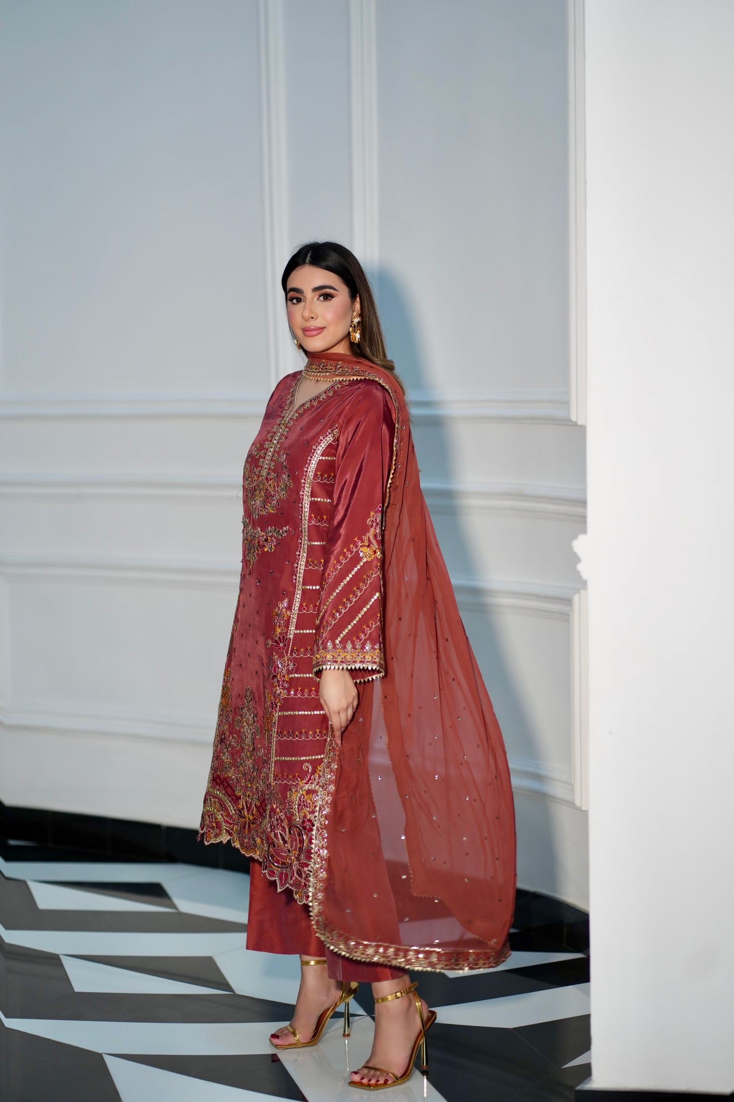 Rs 16500 Aneelas Stitched Raw Silk Emb Formal 3pc Chiffon Duppata [RS-07] [Dispatch Time 2 Months]