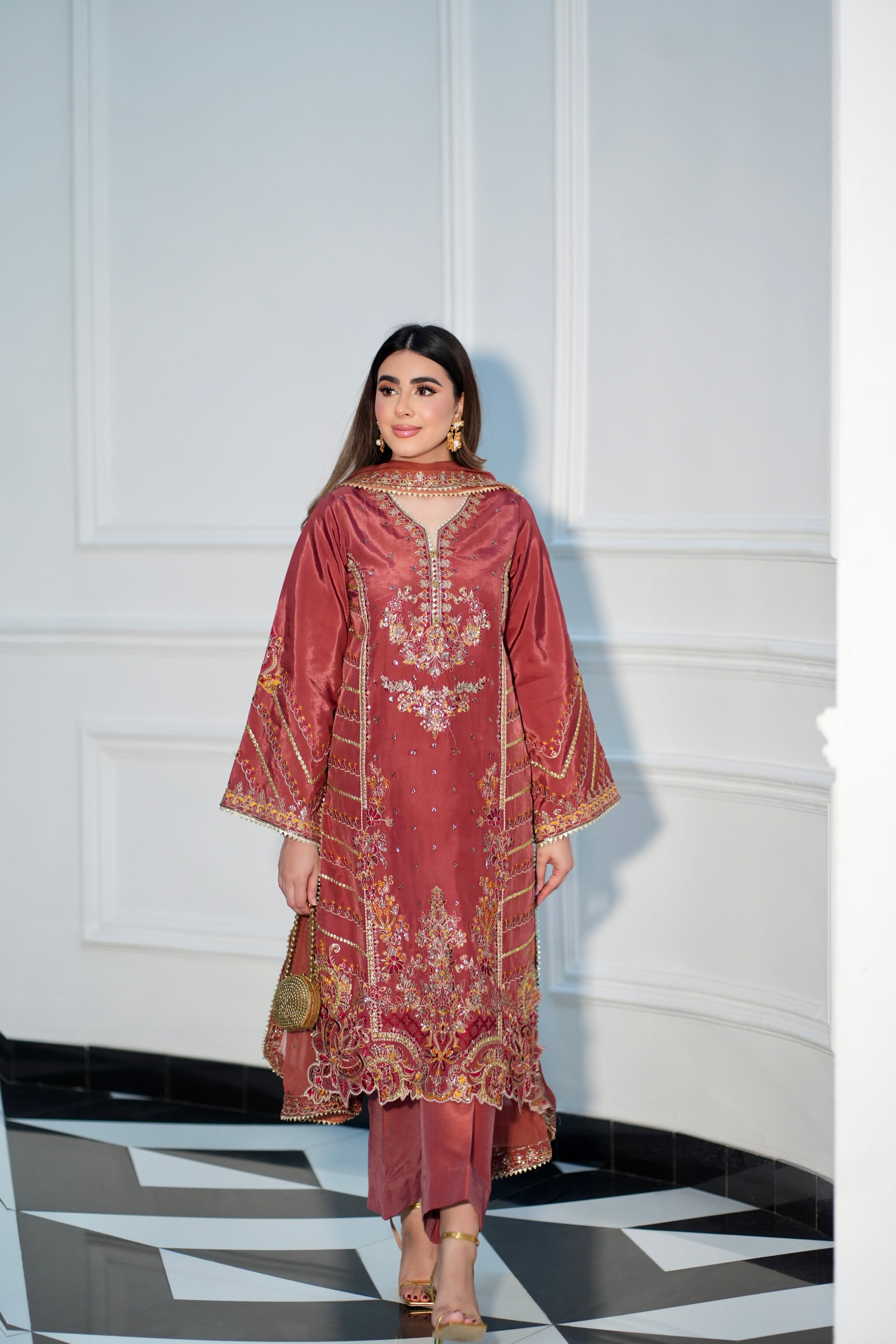 Rs 16500 Aneelas Stitched Raw Silk Emb Formal 3pc Chiffon Duppata [RS-07] [Dispatch Time 2 Months]