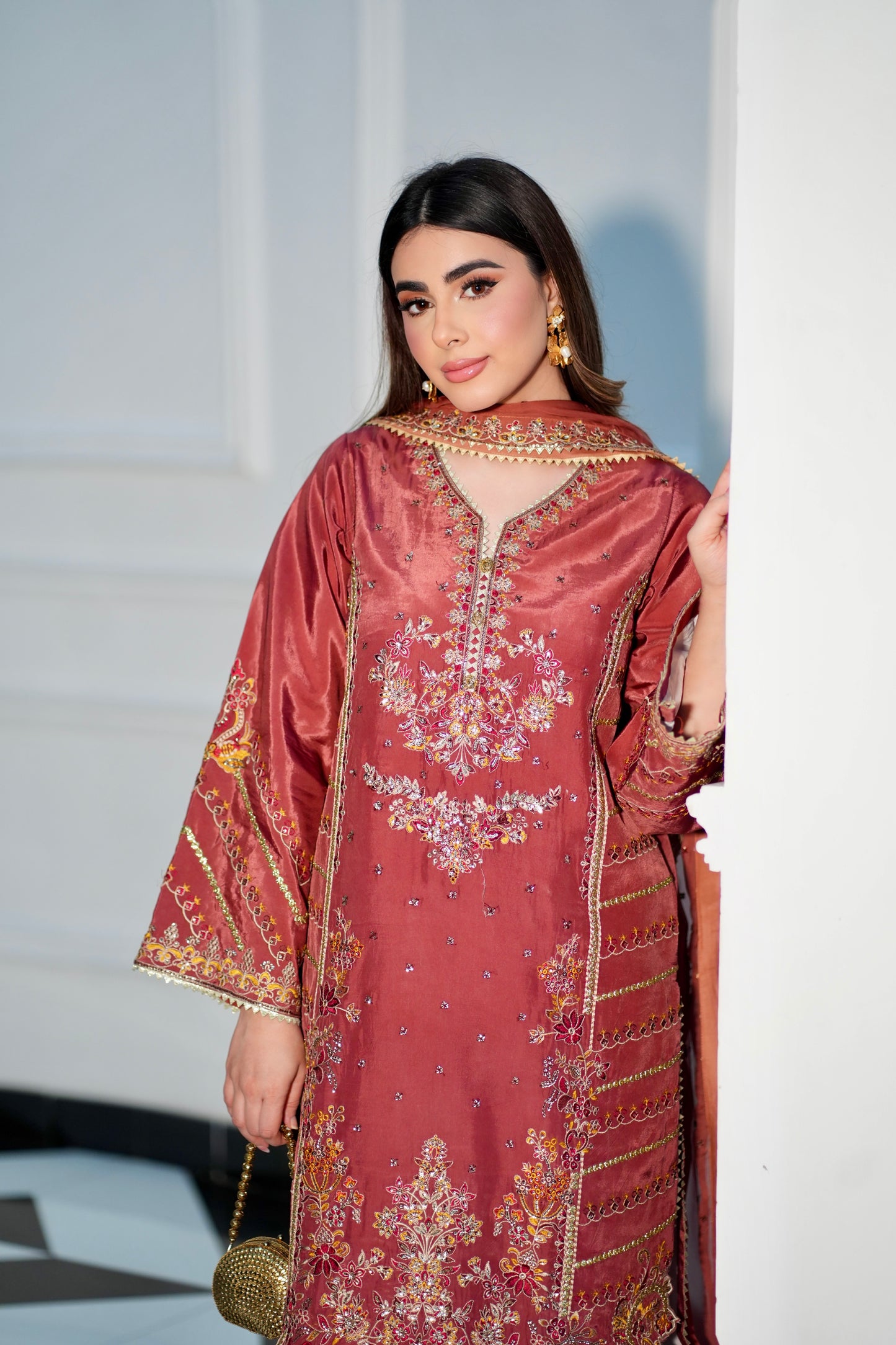 Rs 16500 Aneelas Stitched Raw Silk Emb Formal 3pc Chiffon Duppata [RS-07] [Dispatch Time 2 Months]