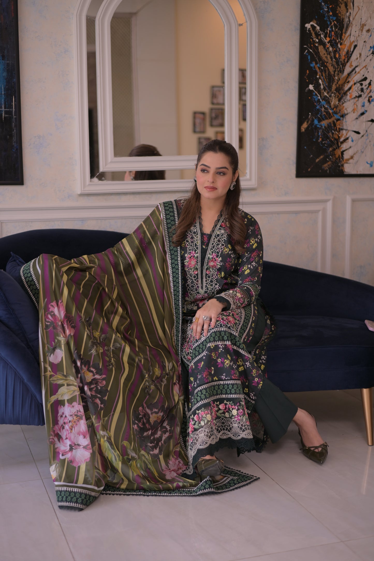 Rs 14500 Aneelas Stitched Lawn Print Emb 3pc Silk Duppata [LUX-26-54-A] [Dispatch Time 2.5 Months]