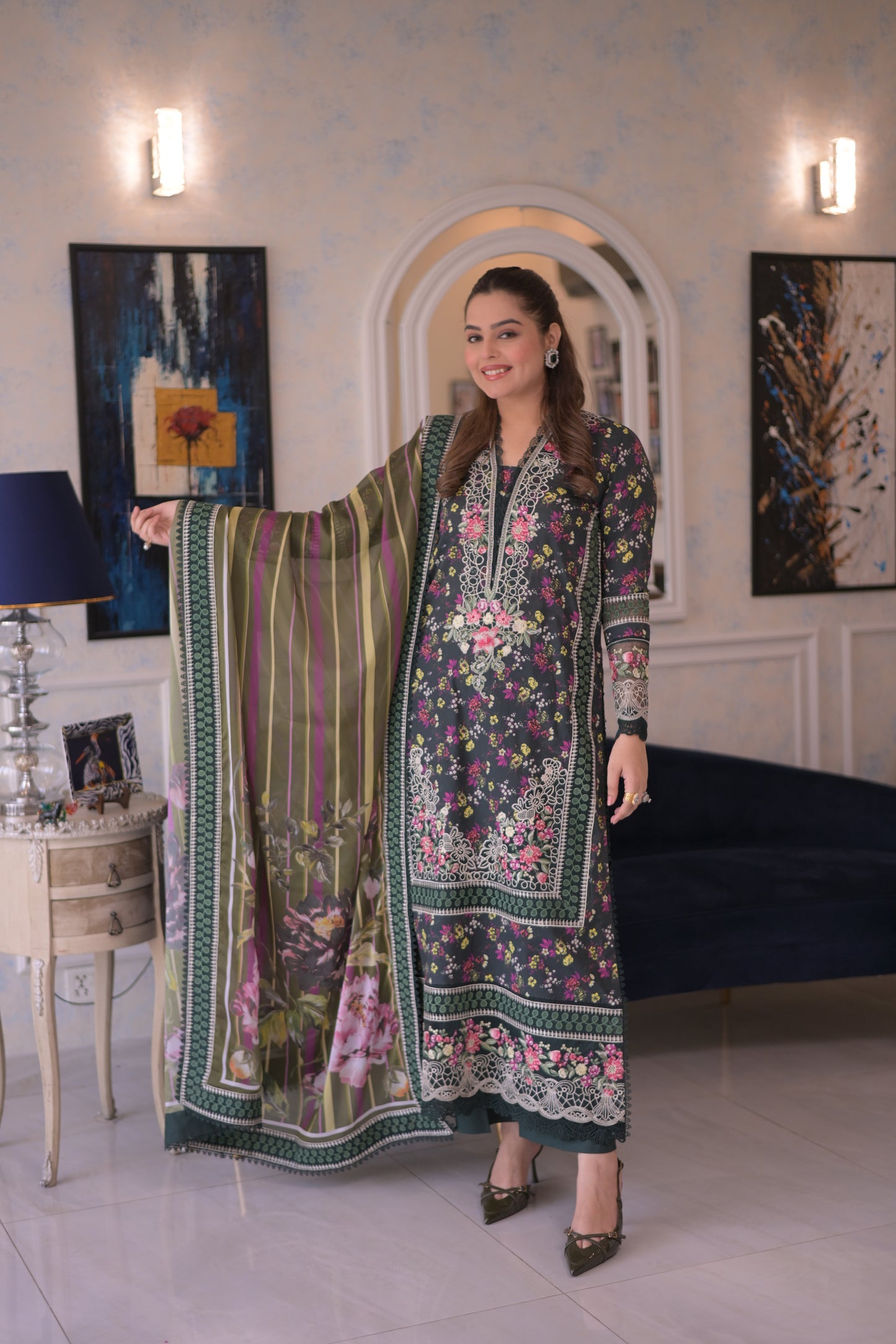 Rs 14500 Aneelas Stitched Lawn Print Emb 3pc Silk Duppata [LUX-26-54-A] [Dispatch Time 2.5 Months]