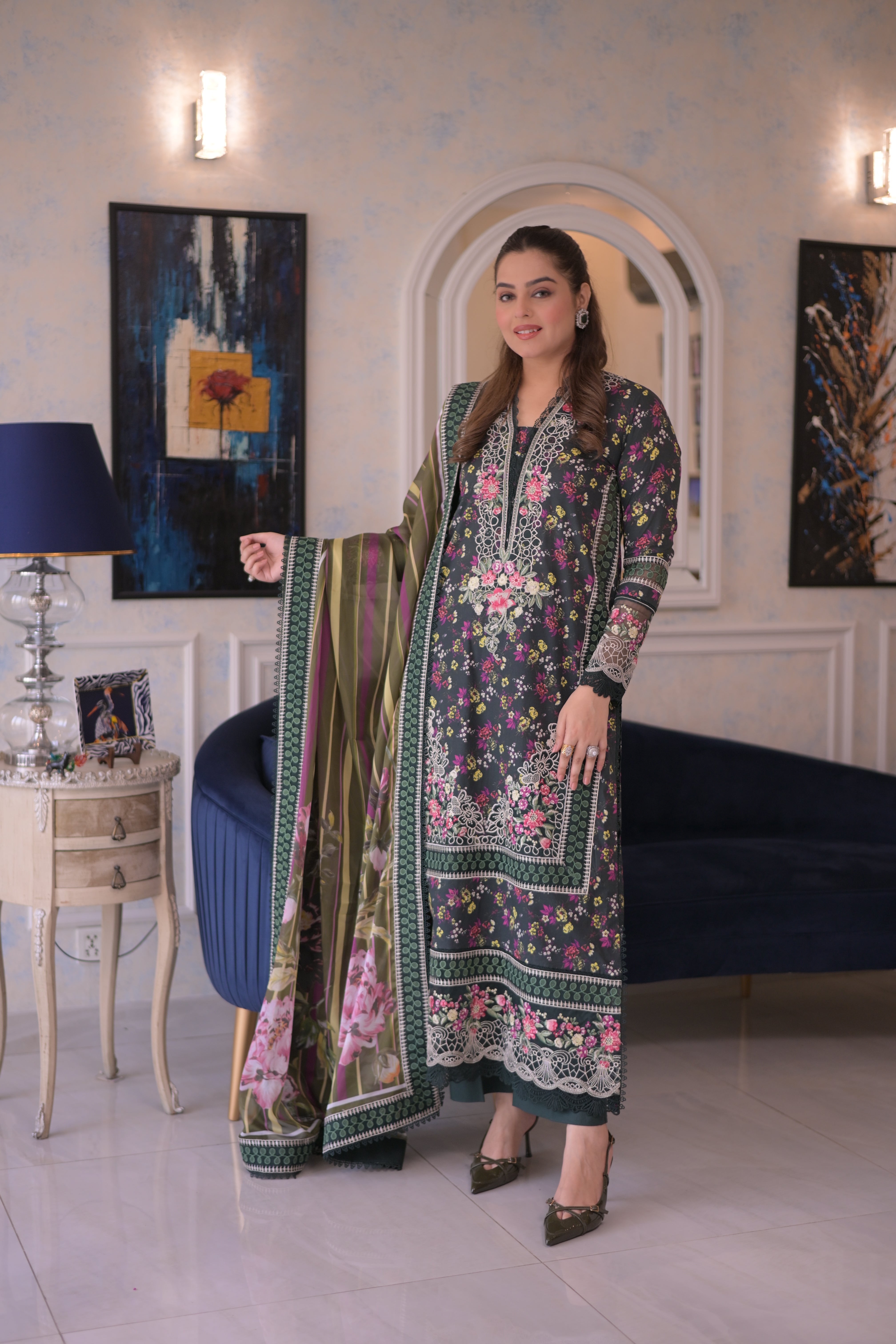 Rs 14500 Aneelas Stitched Lawn Print Emb 3pc Silk Duppata [LUX-26-54-A] [Dispatch Time 2.5 Months]