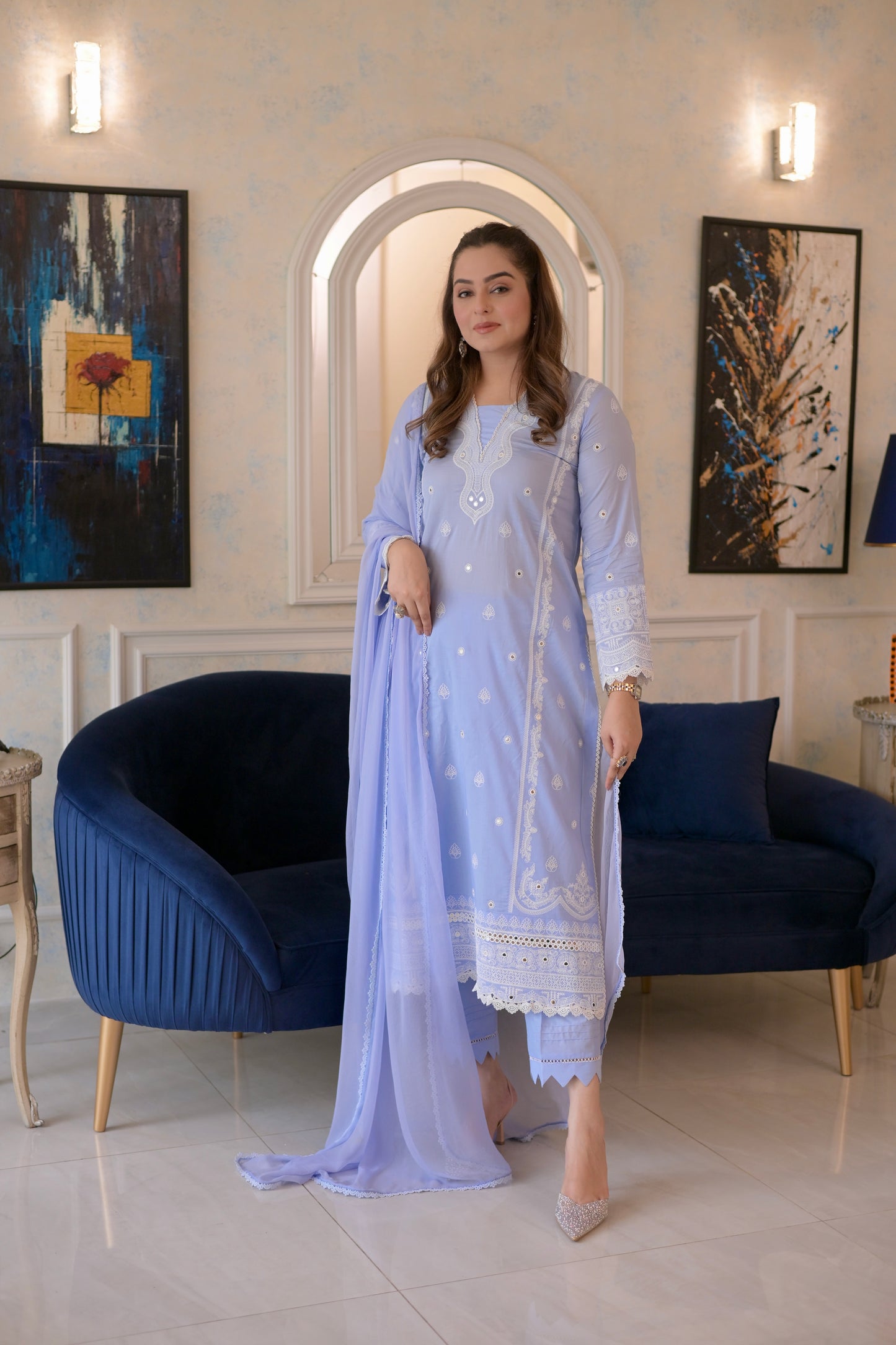 Rs 7500 Aneelas Stitched Lawn Emb Shirt Trouser 2pc [SL-10] [Dispatch Time 2 Months]