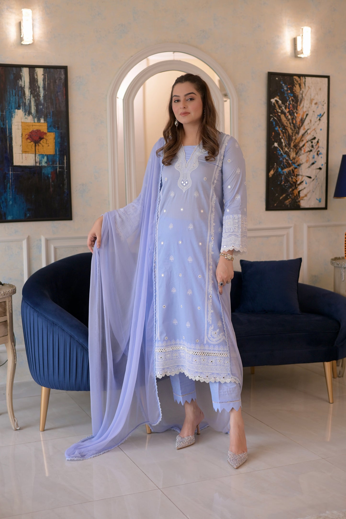 Rs 7500 Aneelas Stitched Lawn Emb Shirt Trouser 2pc [SL-10] [Dispatch Time 2 Months]
