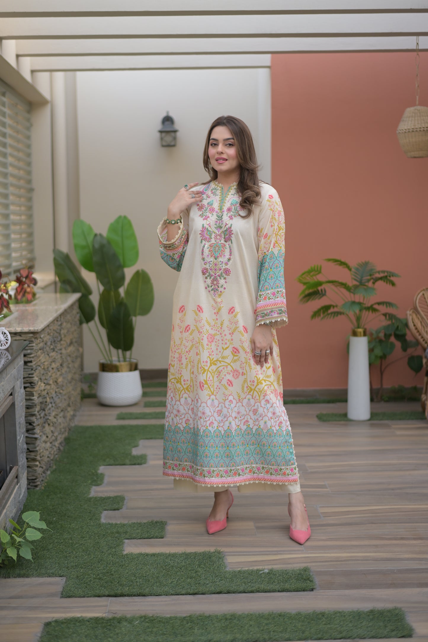 Rs 6500 Aneelas Stitched Lawn Print Emb Kaftan 2pc [SPR-26-49] [Dispatch Time 2.5 Months]