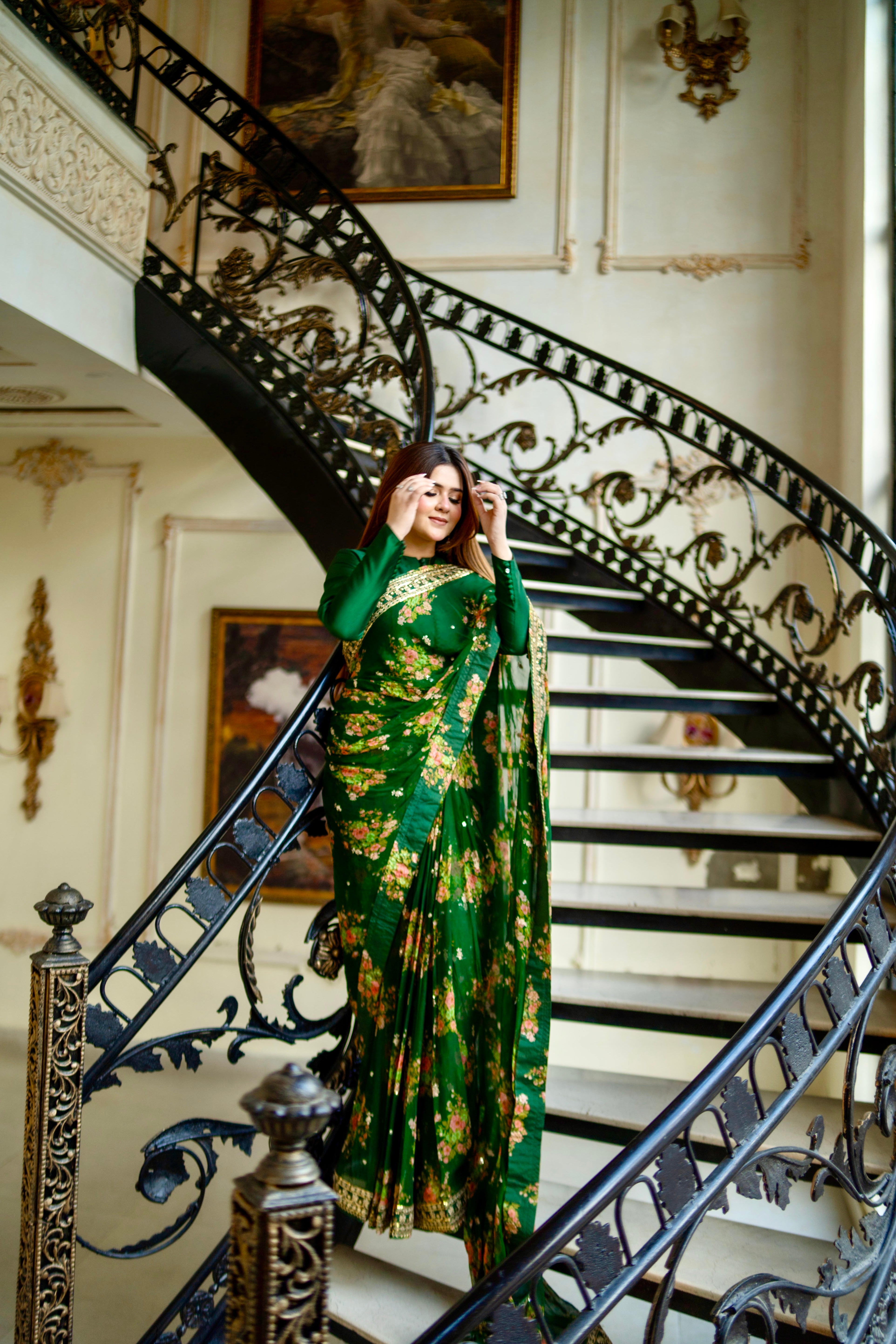 Aneelas Emb Chiffon Saree 3pc With Green Blouse [SAR-04-B][Dispatch Time 2 Month]