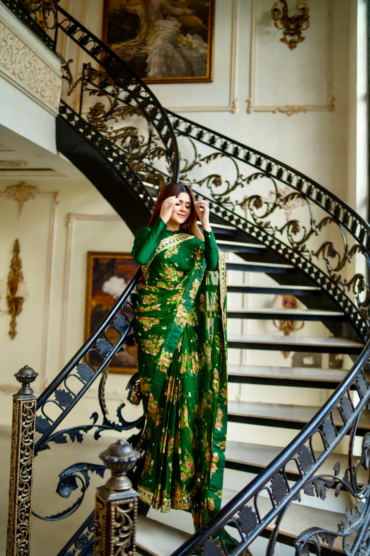 Aneelas Emb Chiffon Saree 3pc With Green Blouse [SAR-04-B][Dispatch Time 2 Month]