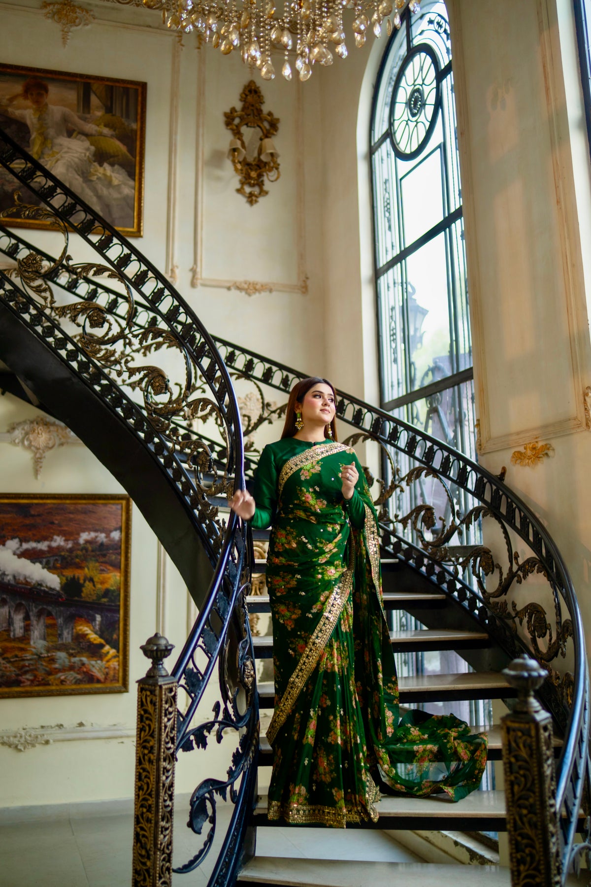 Aneelas Emb Chiffon Saree 3pc With Green Blouse [SAR-04-B][Dispatch Time 2 Month]