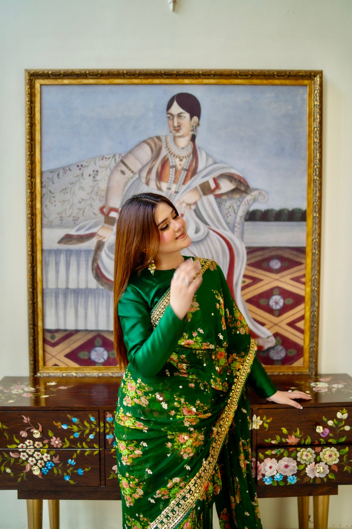Aneelas Emb Chiffon Saree 3pc With Green Blouse [SAR-04-B][Dispatch Time 2 Month]