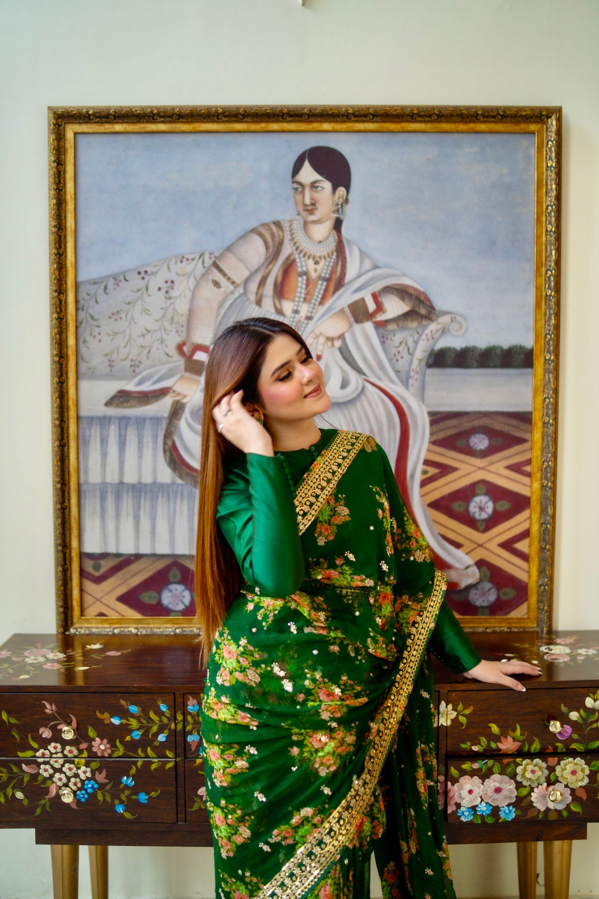 Aneelas Emb Chiffon Saree 3pc With Green Blouse [SAR-04-B][Dispatch Time 2 Month]