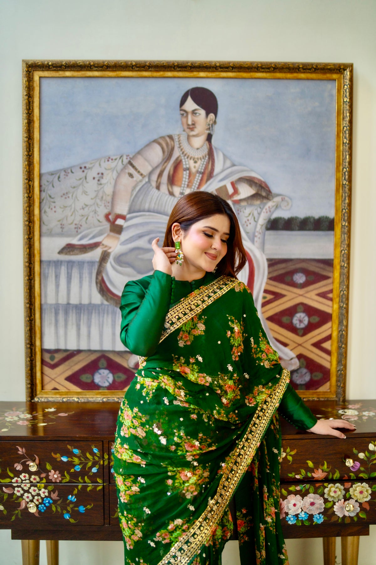 Aneelas Emb Chiffon Saree 3pc With Green Blouse [SAR-04-B][Dispatch Time 2 Month]