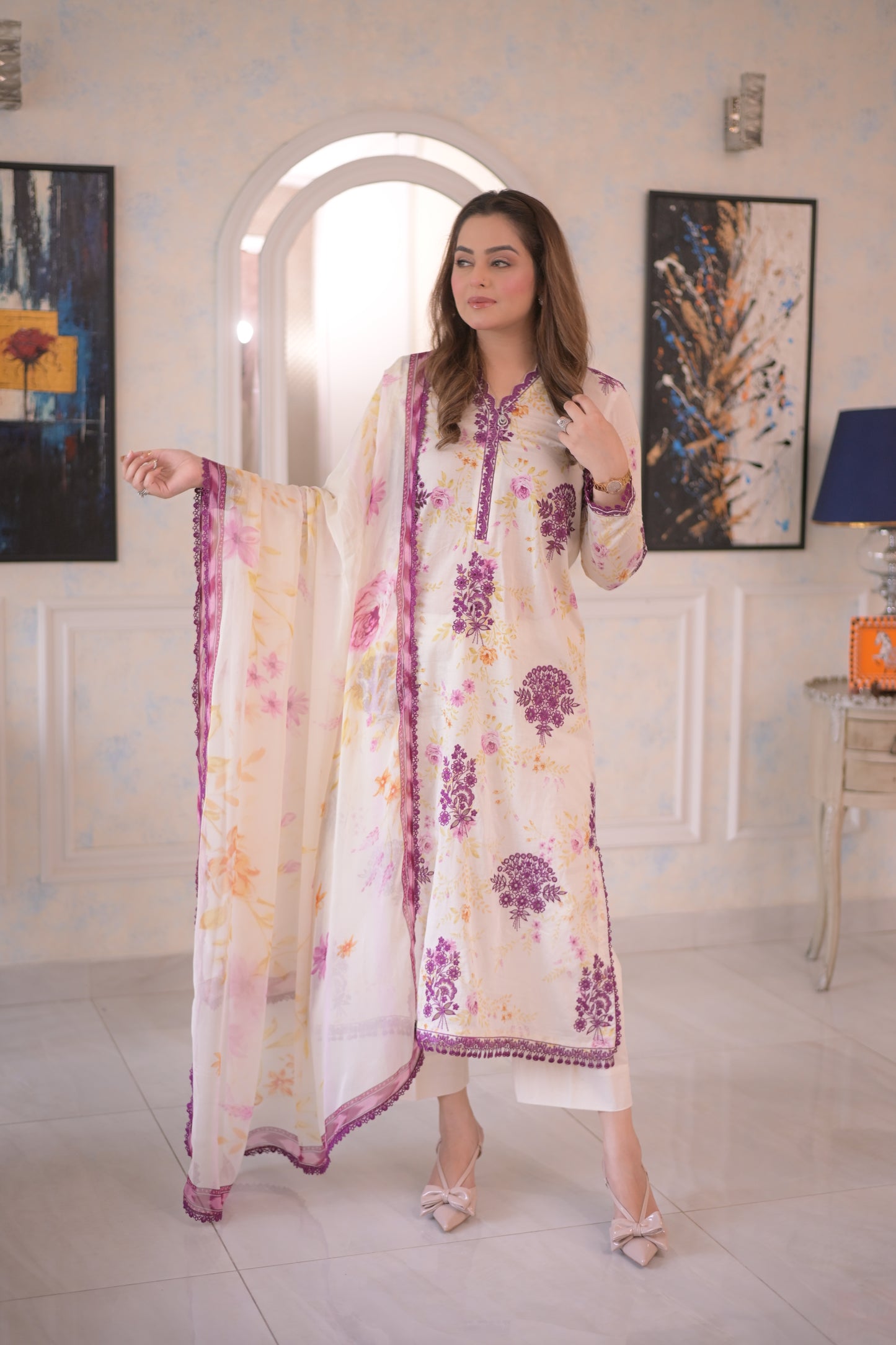 Rs 10500 Aneelas Stitched Print Emb 3pc With Lawn Dupatta [SPR-26-66-B] [Dispatch Time 2 Month]