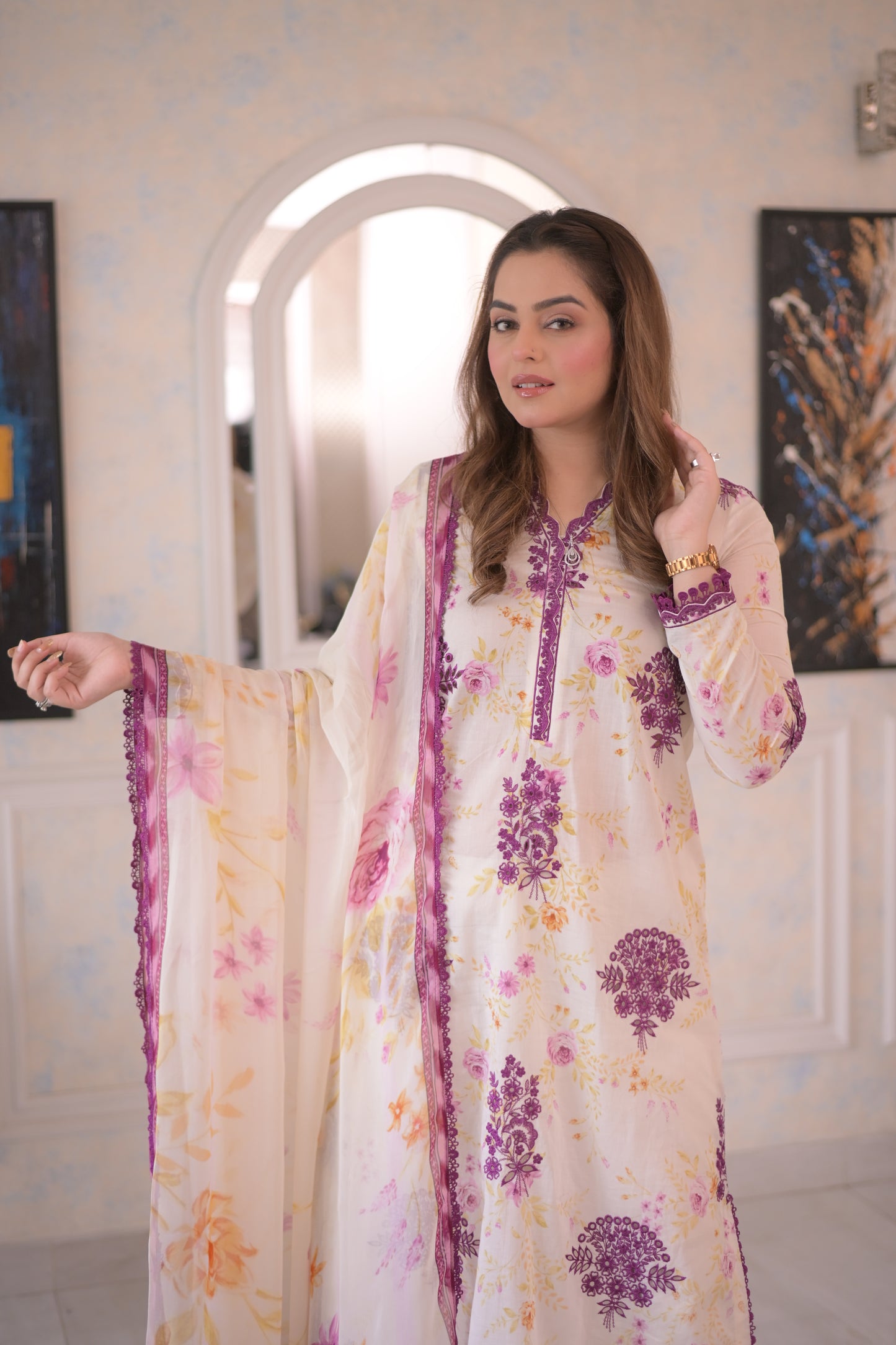 Rs 10500 Aneelas Stitched Print Emb 3pc With Lawn Dupatta [SPR-26-66-B] [Dispatch Time 2 Month]