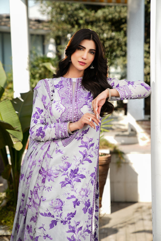 Rs 7000 Aneelas Unstitched lawn print Emb shirt Emb chiffon Duppata Emb trouser 3pc [Dispatch date 15th April ]