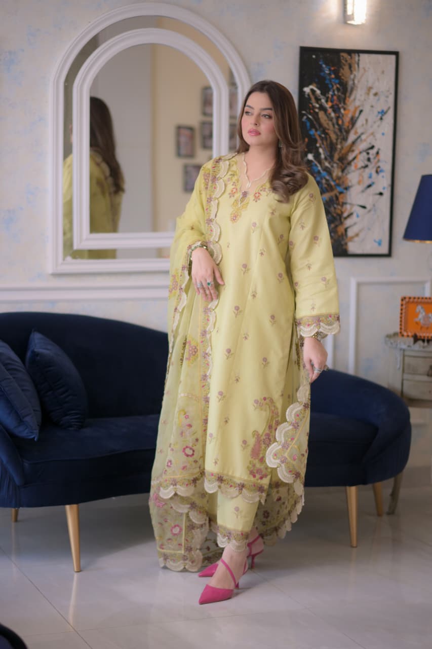 Rs 15500 Aneelas Stitched Lawn Emb Shirt Trouser Organza Duppata 3pc [LUX-26-60] [Dispatch Time 2 Month]