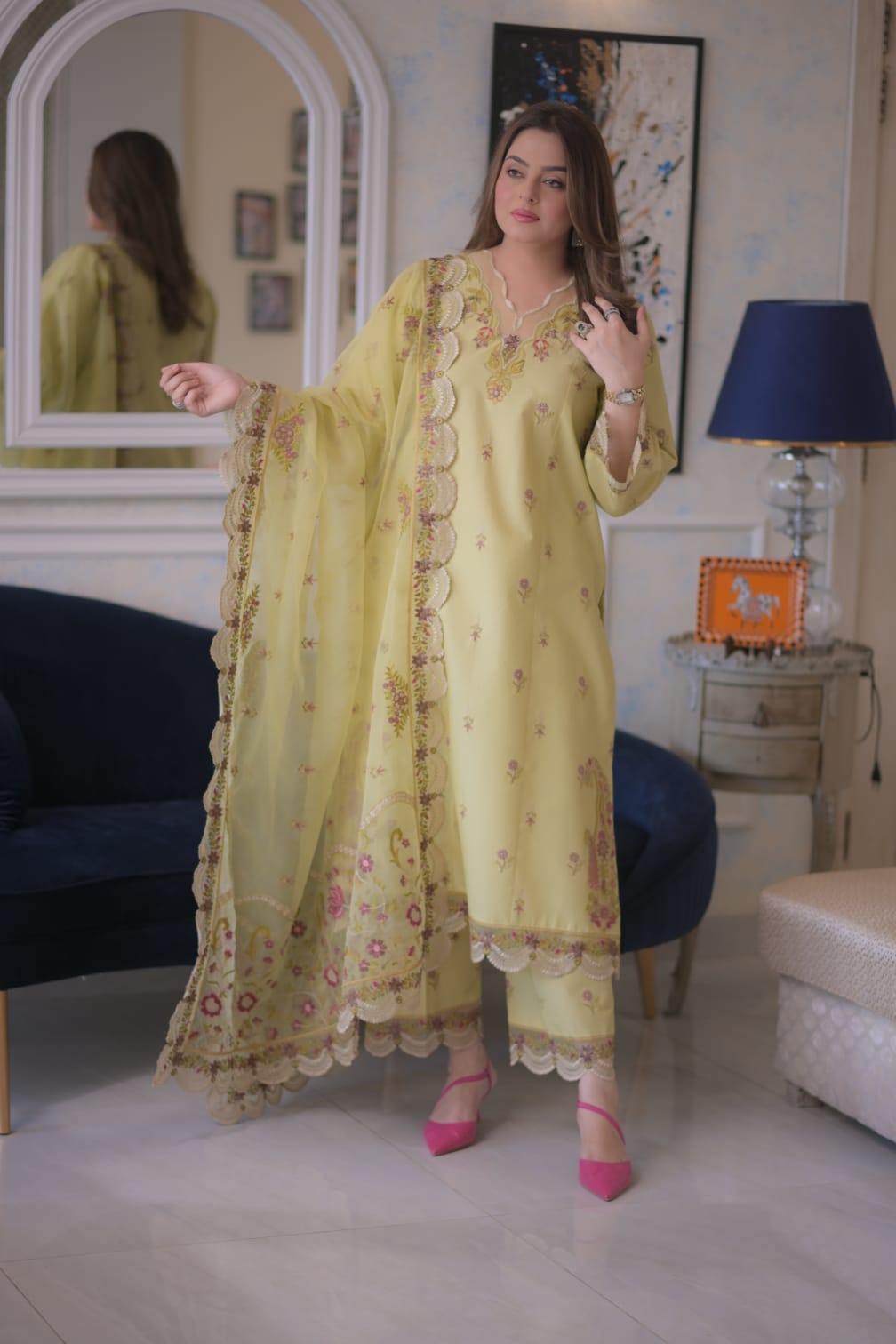 Rs 15500 Aneelas Stitched Lawn Emb Shirt Trouser Organza Duppata 3pc [LUX-26-60] [Dispatch Time 2 Month]