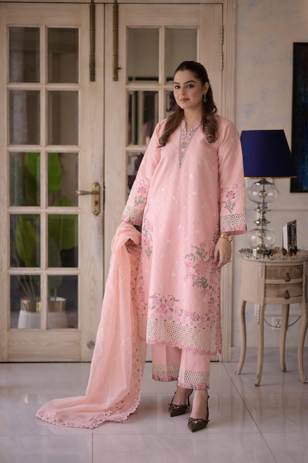 Rs 15500 Aneelas Stitched Jacquard Lawn Emb 3pc Plain Emb Trouser [LUX-26-59-A] [Dispatch Time 2.5 Months]