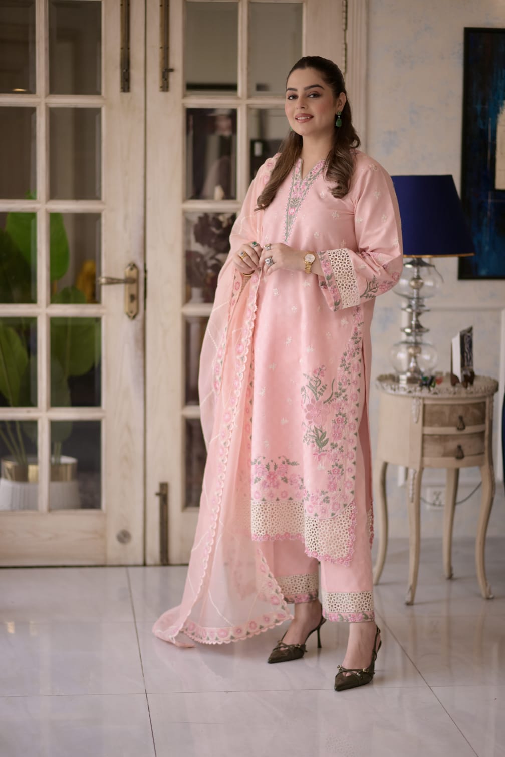 Rs 15500 Aneelas Stitched Jacquard Lawn Emb 3pc Plain Emb Trouser [LUX-26-59-A] [Dispatch Time 2.5 Months]