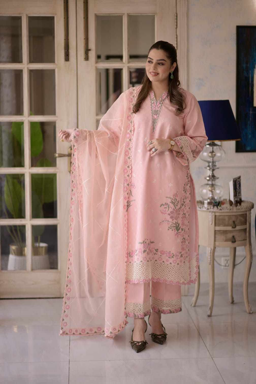Rs 15500 Aneelas Stitched Jacquard Lawn Emb 3pc Plain Emb Trouser [LUX-26-59-A] [Dispatch Time 2.5 Months]