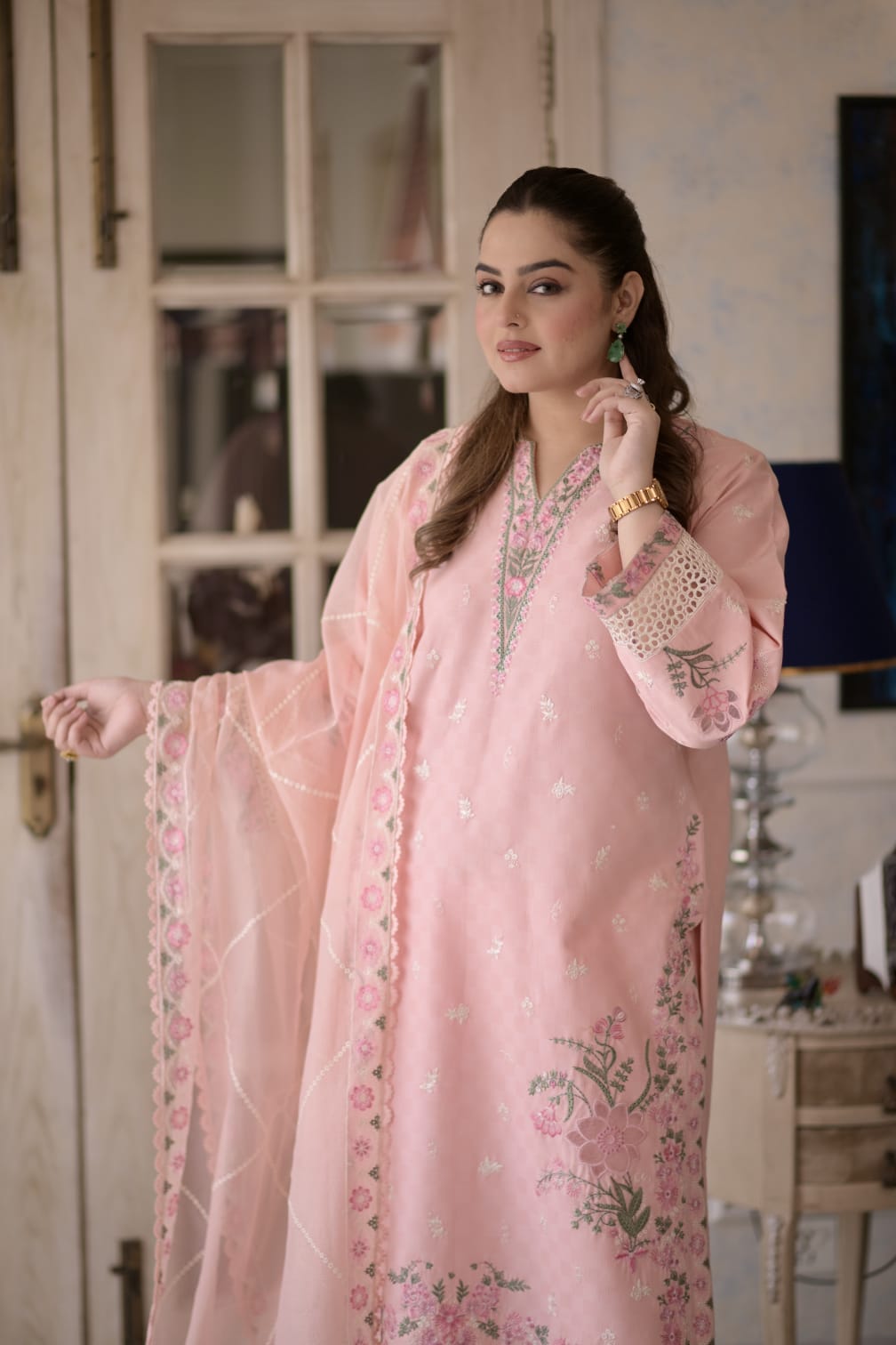 Rs 15500 Aneelas Stitched Jacquard Lawn Emb 3pc Plain Emb Trouser [LUX-26-59-A] [Dispatch Time 2.5 Months]
