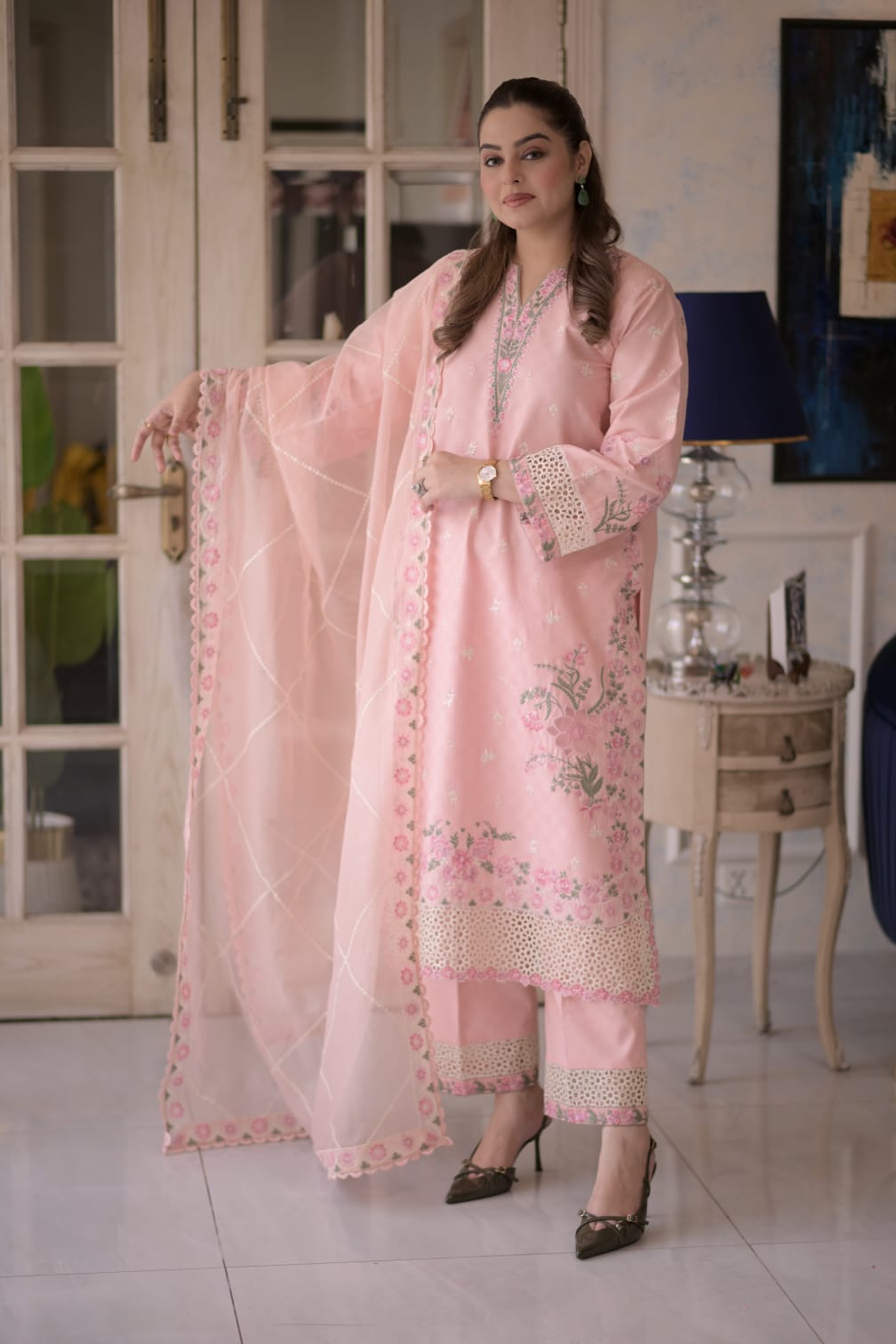 Rs 15500 Aneelas Stitched Jacquard Lawn Emb 3pc Plain Emb Trouser [LUX-26-59-A] [Dispatch Time 2.5 Months]