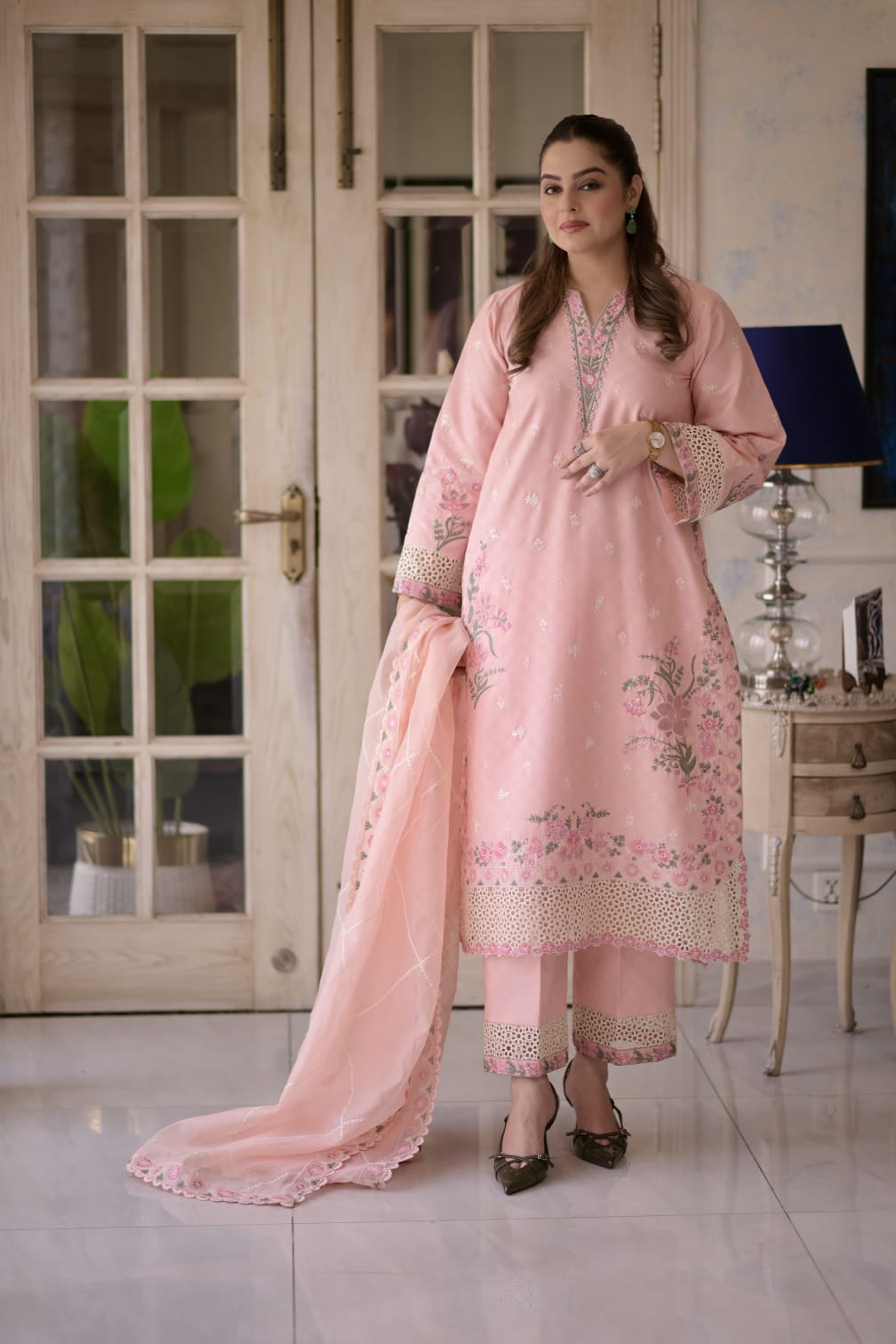 Rs 15500 Aneelas Stitched Jacquard Lawn Emb 3pc Plain Emb Trouser [LUX-26-59-A] [Dispatch Time 2.5 Months]