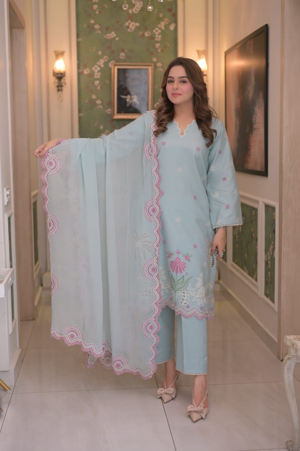 Rs 12000 Aneelas Stithed Emb Lawn With Chiffon Duppata 3pc [LUX-26-73] [Dispatch Time 2 Month]