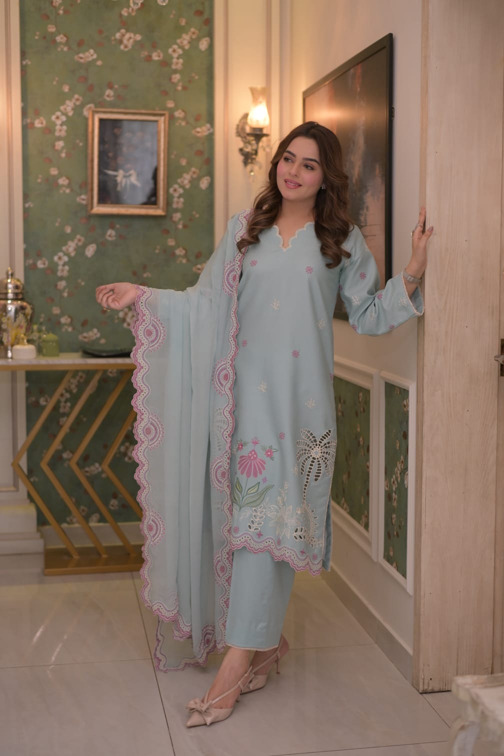 Rs 12000 Aneelas Stithed Emb Lawn With Chiffon Duppata 3pc [LUX-26-73] [Dispatch Time 2 Month]