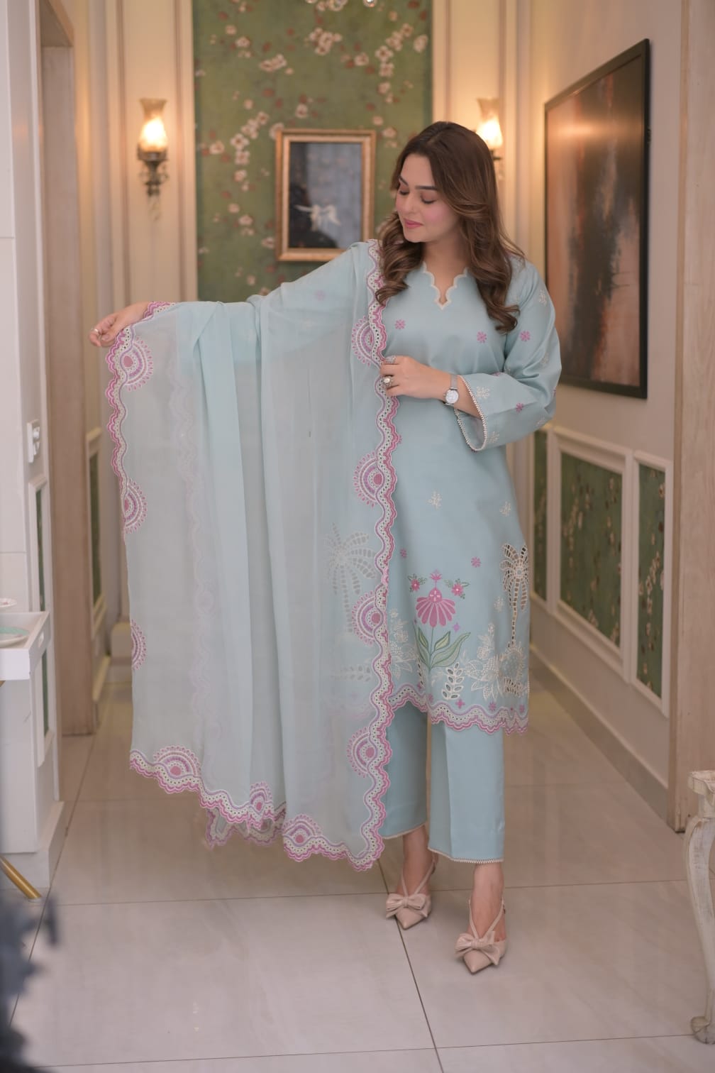 Rs 12000 Aneelas Stithed Emb Lawn With Chiffon Duppata 3pc [LUX-26-73] [Dispatch Time 2 Month]