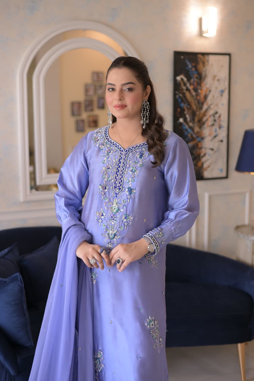 Aneelas Stitched Tussar Silk Ada Work Emb Semi Formal 3pc [FC-19] [Dispatch Time 2 Months]