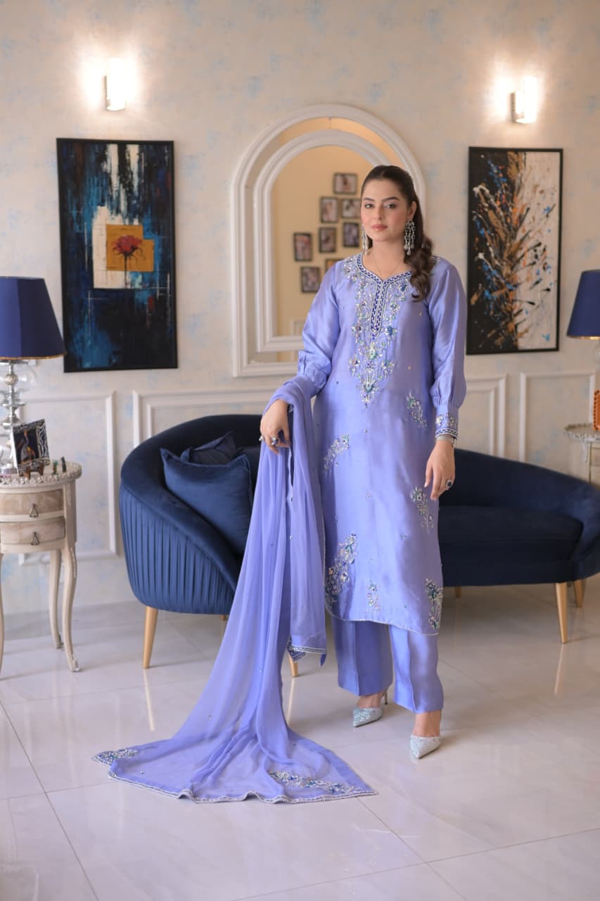Aneelas Stitched Tussar Silk Ada Work Emb Semi Formal 3pc [FC-19] [Dispatch Time 2 Months]