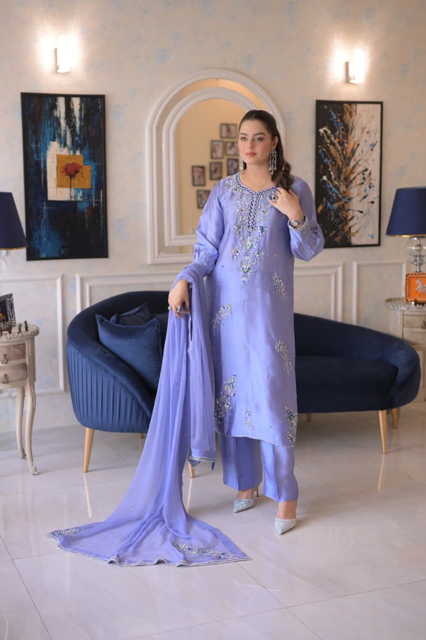 Aneelas Stitched Tussar Silk Ada Work Emb Semi Formal 3pc [FC-19] [Dispatch Time 2 Months]