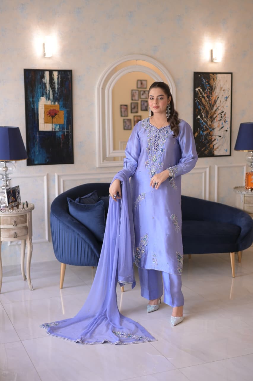 Aneelas Stitched Tussar Silk Ada Work Emb Semi Formal 3pc [FC-19] [Dispatch Time 2 Months]