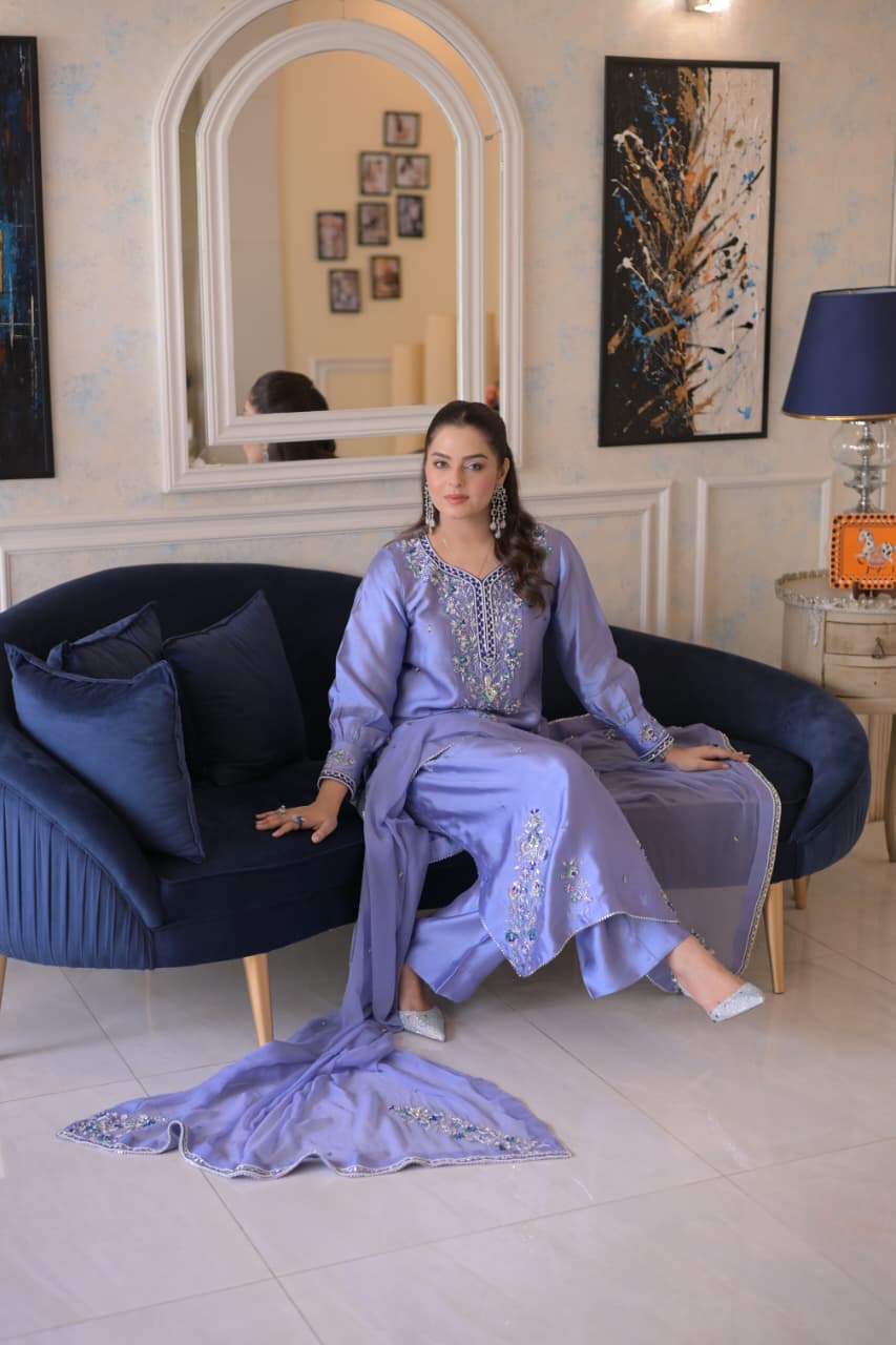 Aneelas Stitched Tussar Silk Ada Work Emb Semi Formal 3pc [FC-19] [Dispatch Time 2 Months]