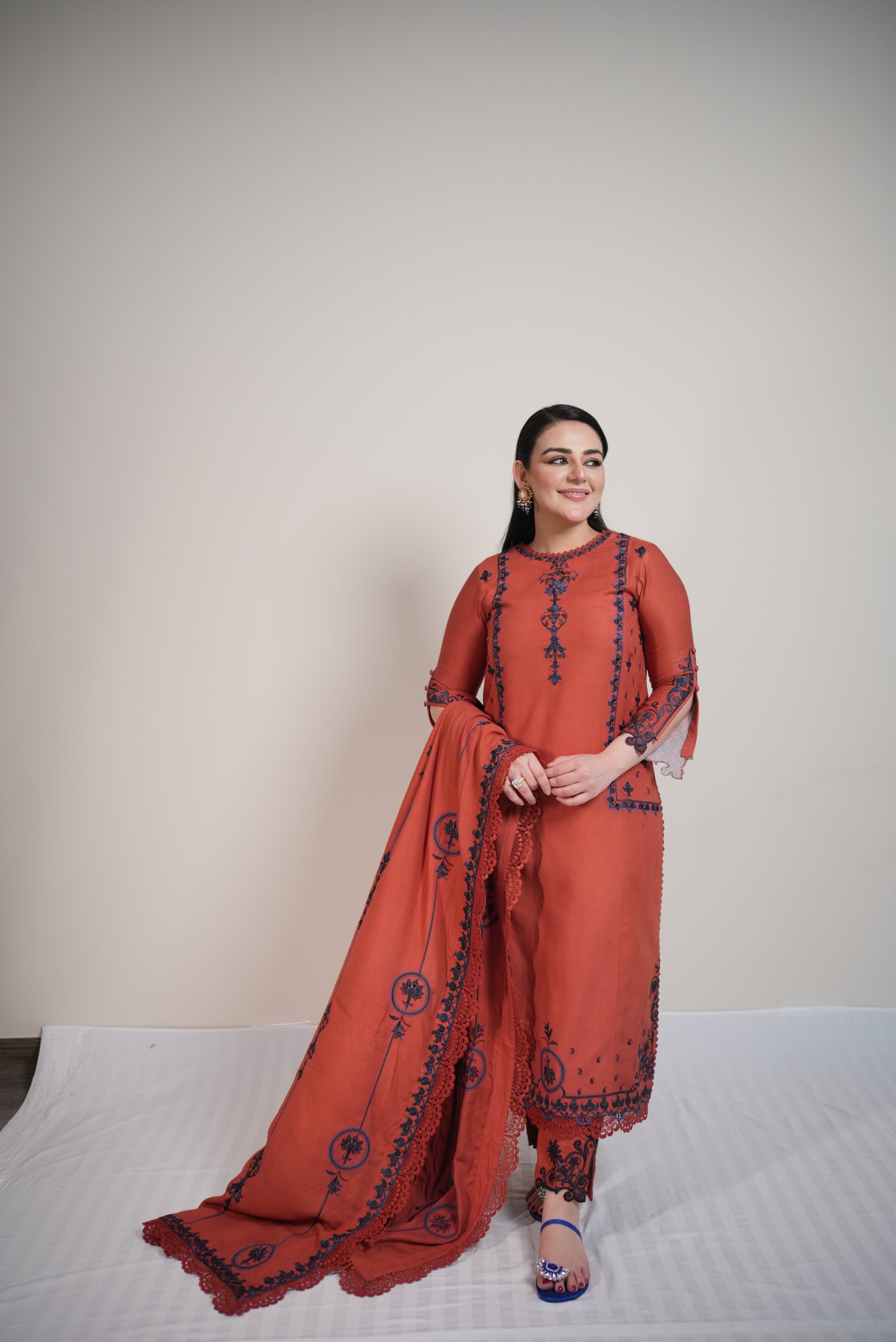 Rs 14500 Aneelas Stitched Twill Emb Shirt Emb Trouser Emb Shawl 3pc [WLUX-04] [Dispatch Time 2 Months]