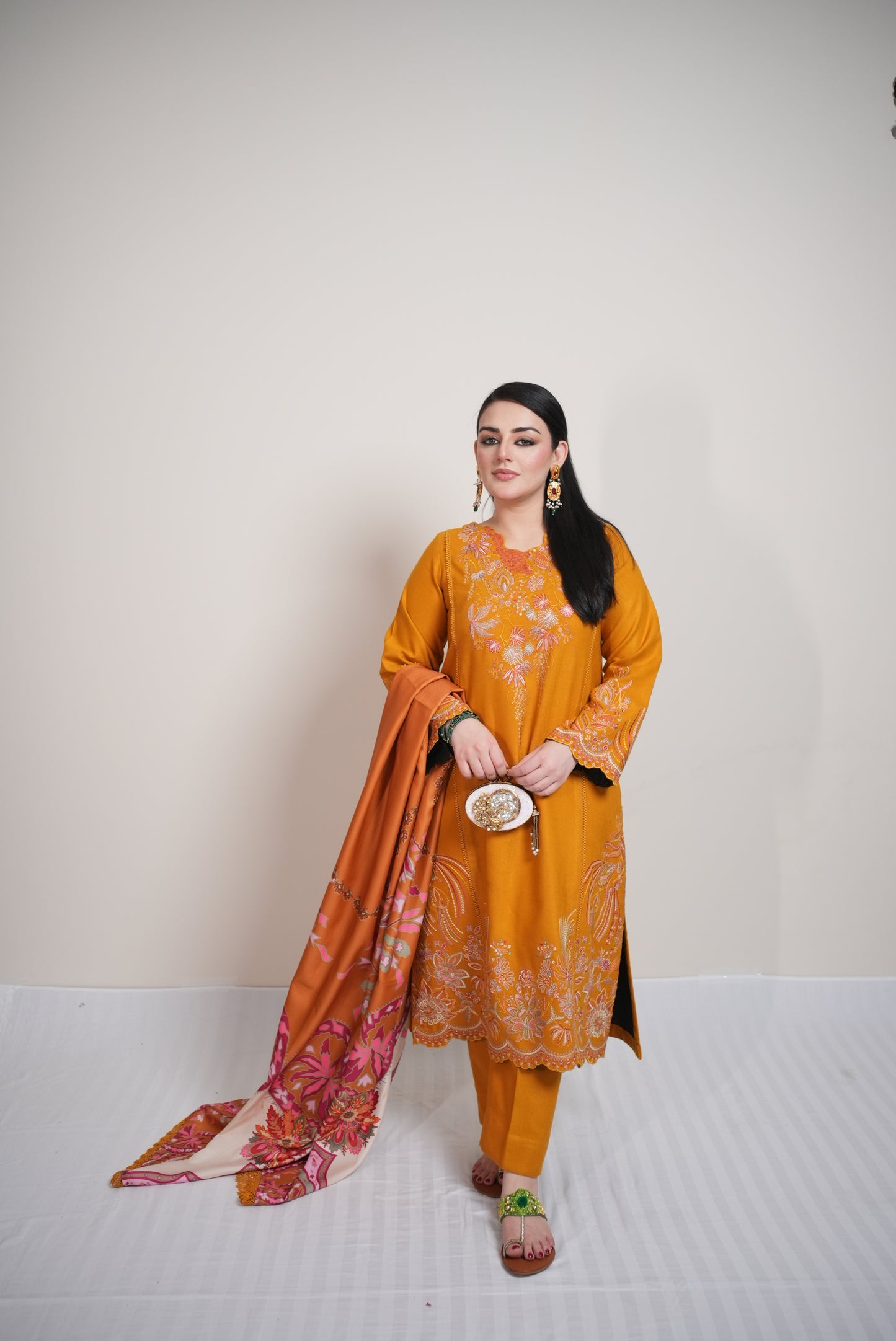 Rs 13500 Aneelas Stitched Peach Wool Emb 3pc [PL-10] [Dispatch Time 2 Months]